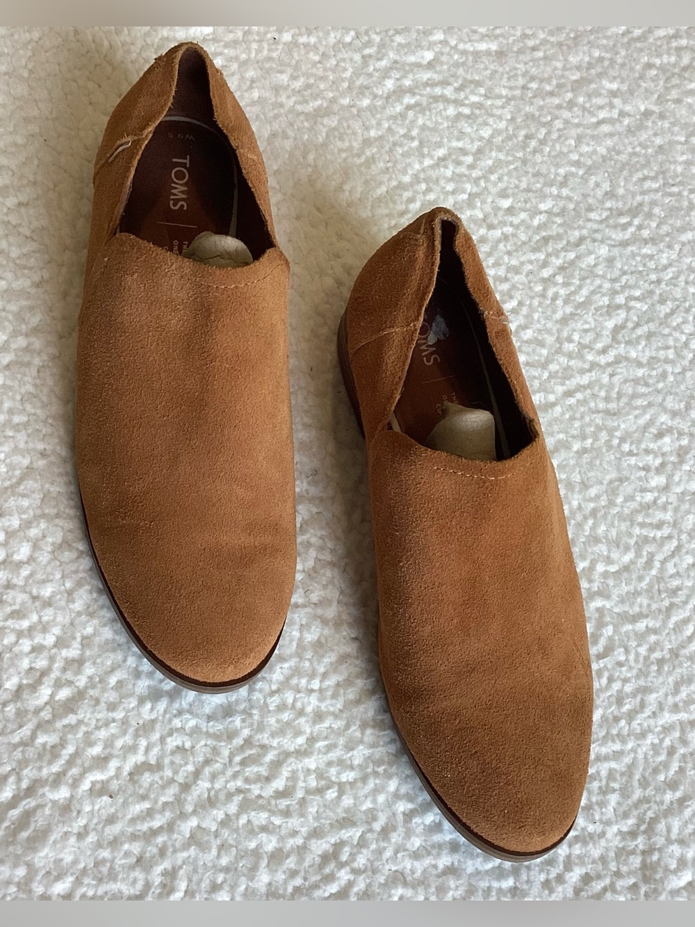 TOMS Suede Ankle Booties 9.5 Tan Cognac Western Boho Minimalist